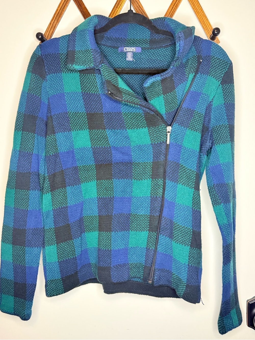Chaps Women's Blue & Green Plaid Asymmetrical Zip V-Neck Sweater